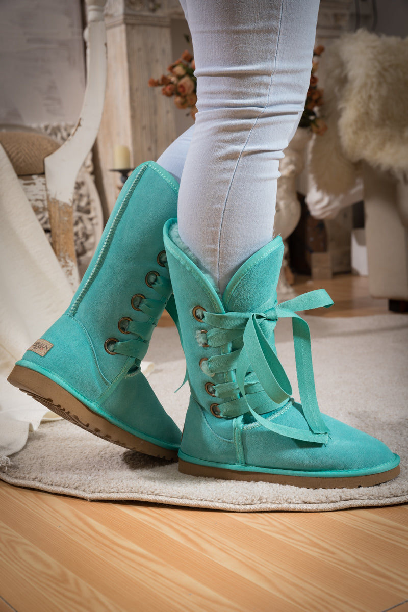 SMAIBULUN Ugg | Ribbon Lace-Up Faux Fur-lined Suede Boot - Turquoise