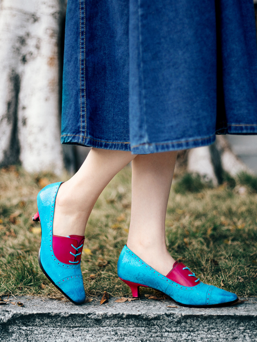 SOFFIA | Turquoise Floral Embossed Genuine Leather Kitten Heel Oxford Shoes