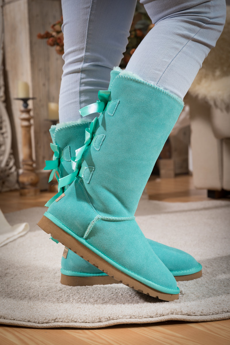 SMAIBULUN Ugg | Tri Ribbon Bow Suede Boots - Turquoise