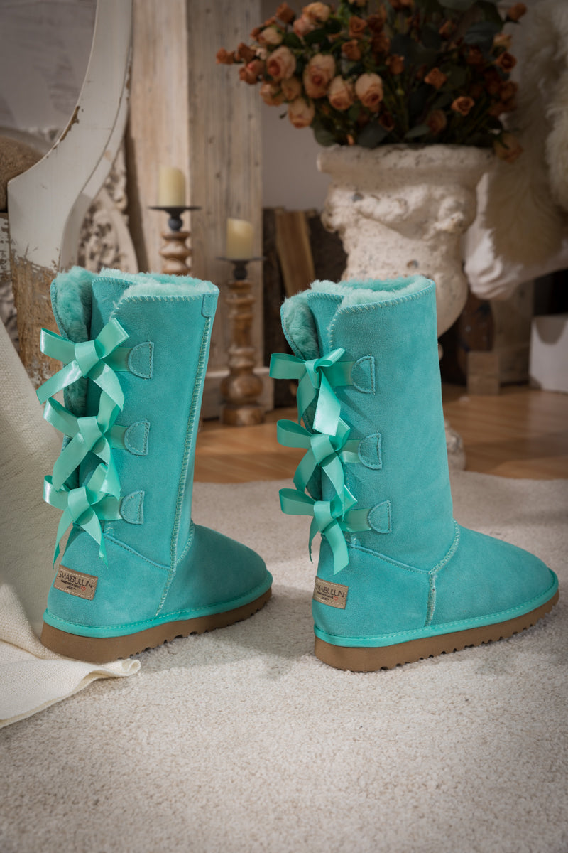 SMAIBULUN Ugg | Tri Ribbon Bow Suede Boots - Turquoise