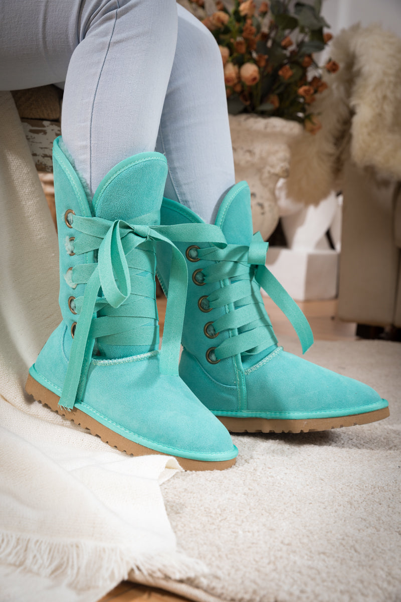 SMAIBULUN Ugg | Ribbon Lace-Up Faux Fur-lined Suede Boot - Turquoise