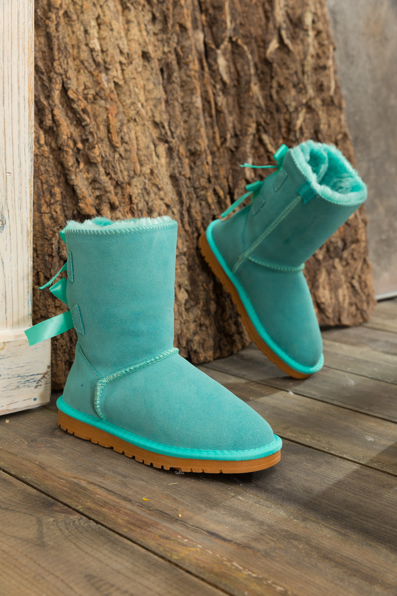 SMAIBULUN Ugg | DOUBLE RIBBON BOW SUEDE BOOT - Turquoise