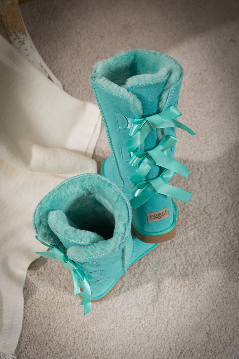 SMAIBULUN Ugg | Tri Ribbon Bow Suede Boots - Turquoise