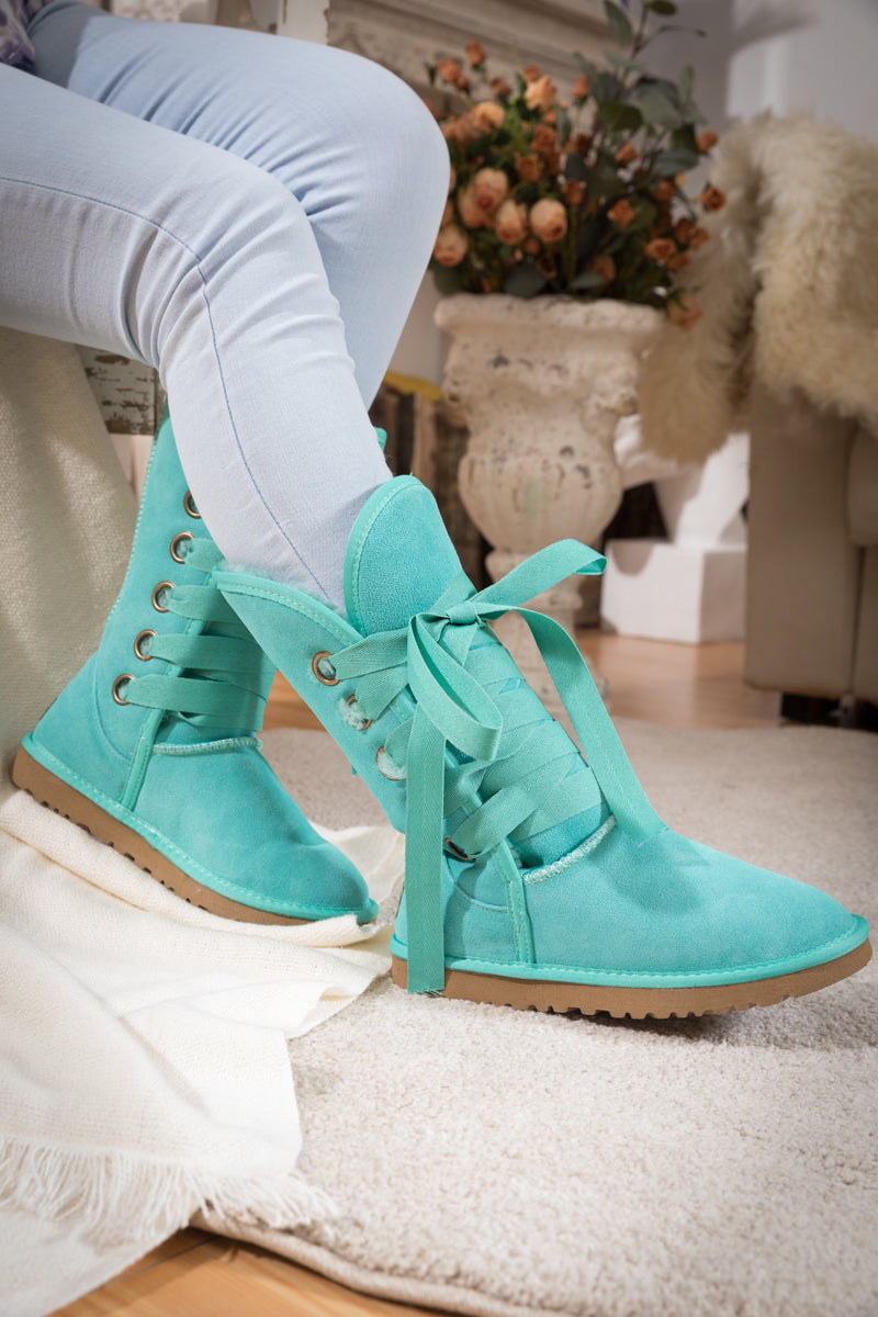 SMAIBULUN Ugg | Ribbon Lace-Up Faux Fur-lined Suede Boot - Turquoise