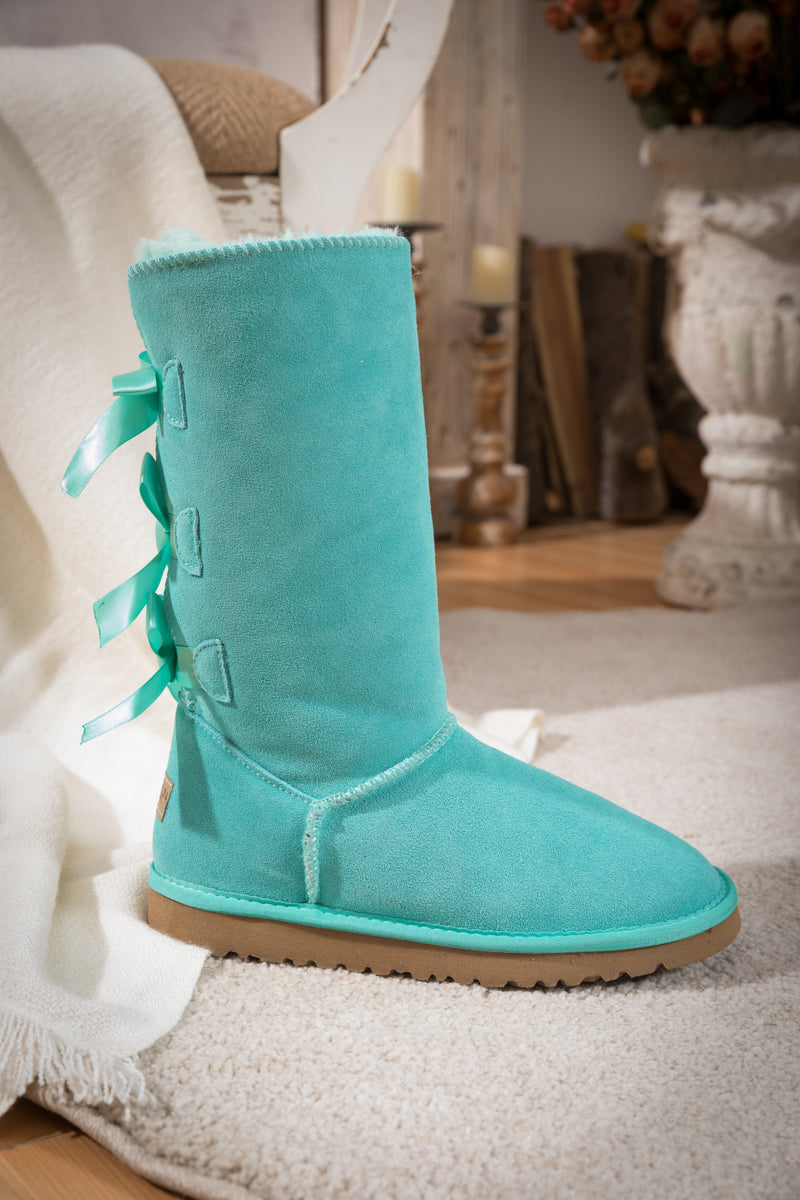 SMAIBULUN Ugg | Tri Ribbon Bow Suede Boots - Turquoise