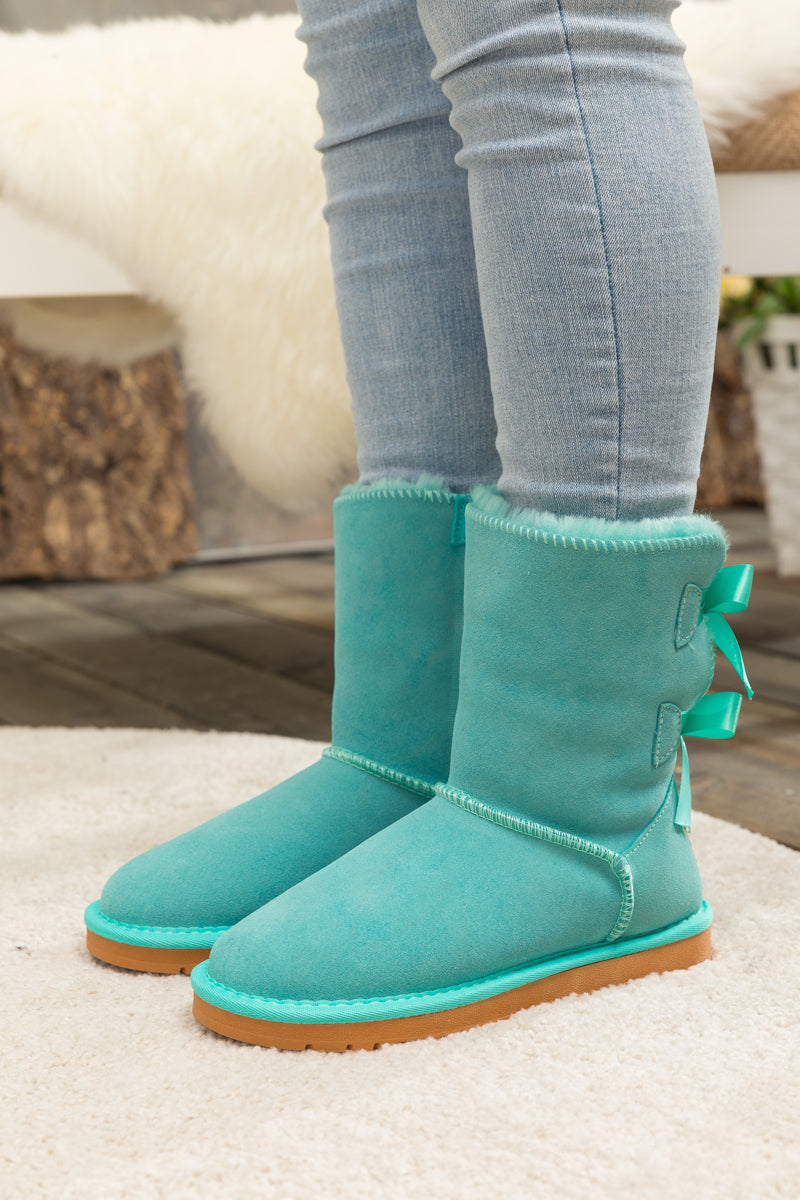 SMAIBULUN Ugg | DOUBLE RIBBON BOW SUEDE BOOT - Turquoise