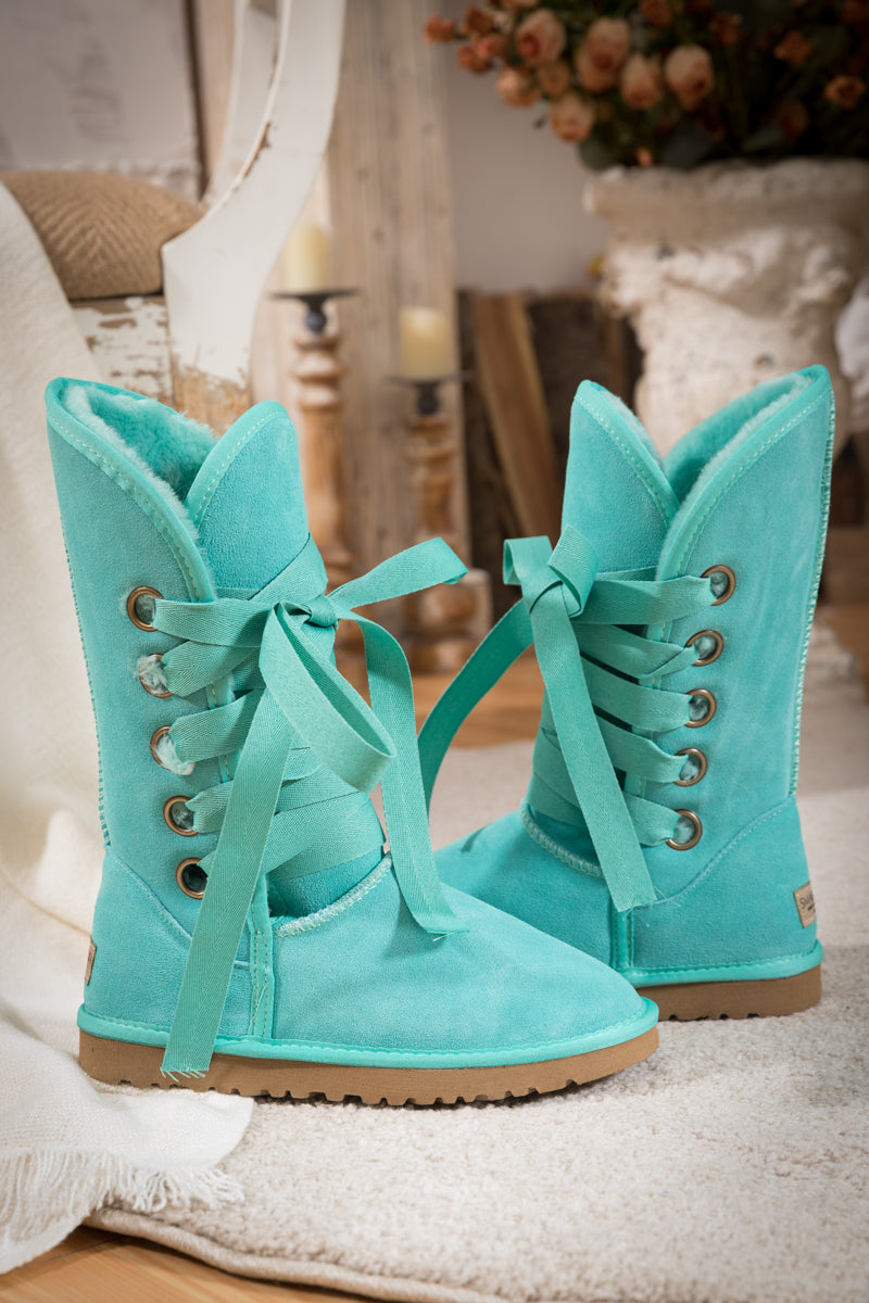 SMAIBULUN Ugg | Ribbon Lace-Up Faux Fur-lined Suede Boot - Turquoise