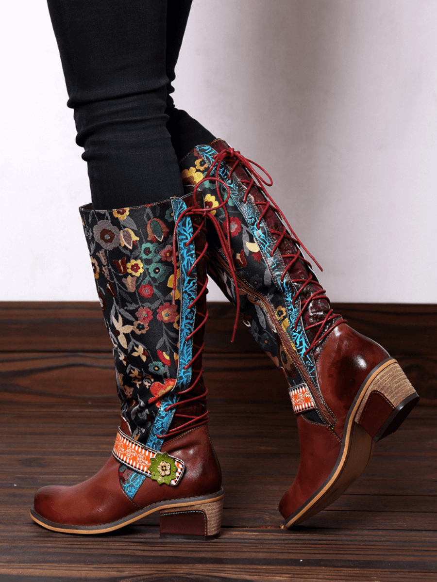 SOFFIA |  Floral Tie-Accent Knee-High Leather Boots