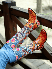 Soffia | Floral Tie-Accent Leather Vintage Knee High Boots