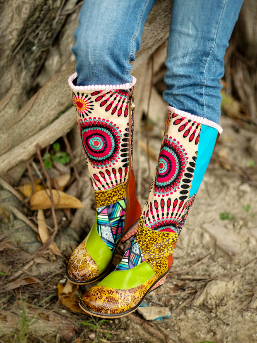 Soffia | Ethnic Floral Tie-Accent Leather Vintage Knee High Boots