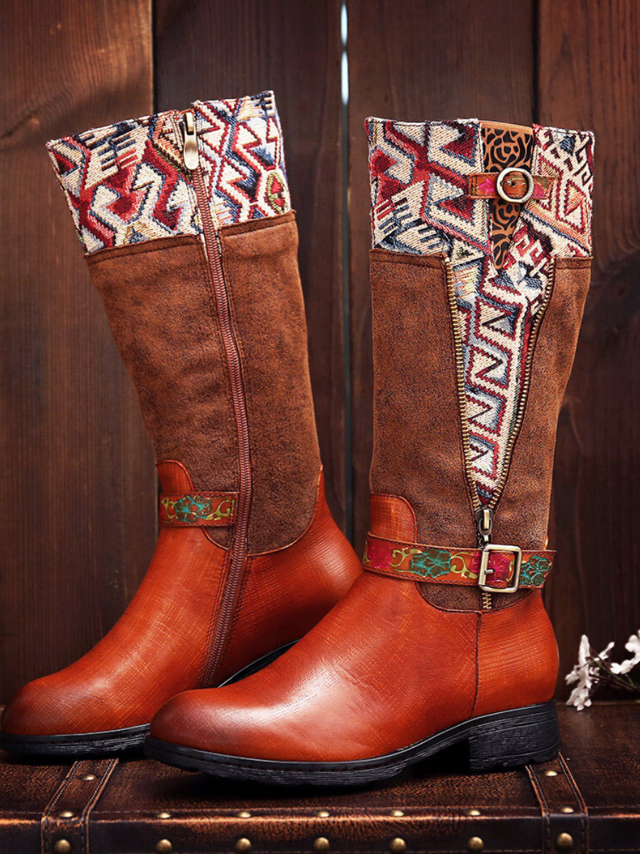 Soffia | Genuine Leather Geometry Printed Tie-Accent Boho Knee High Boots