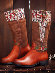 Soffia | Genuine Leather Geometry Printed Tie-Accent Boho Knee High Boots