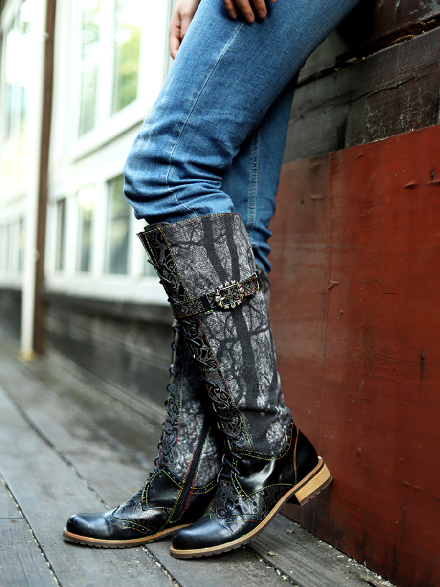 Soffia | Genuine Leather Black Forest Tie-Accent Boho High Boots Knee Boots