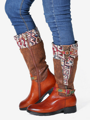 Soffia | Genuine Leather Geometry Printed Tie-Accent Boho Knee High Boots