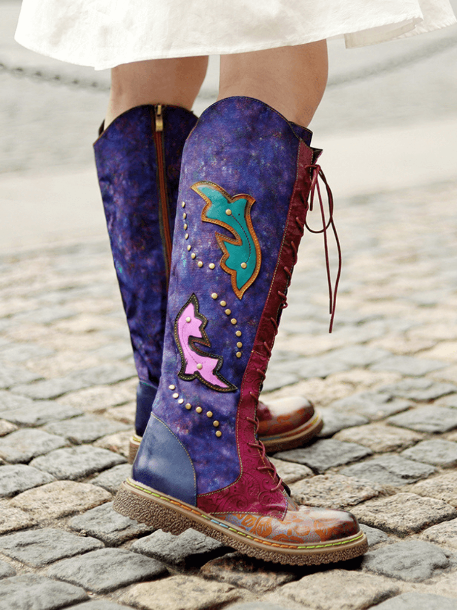 SOFFIA | Genuine Leather Galaxy Printed Tie-Accent Boho Knee High Boots