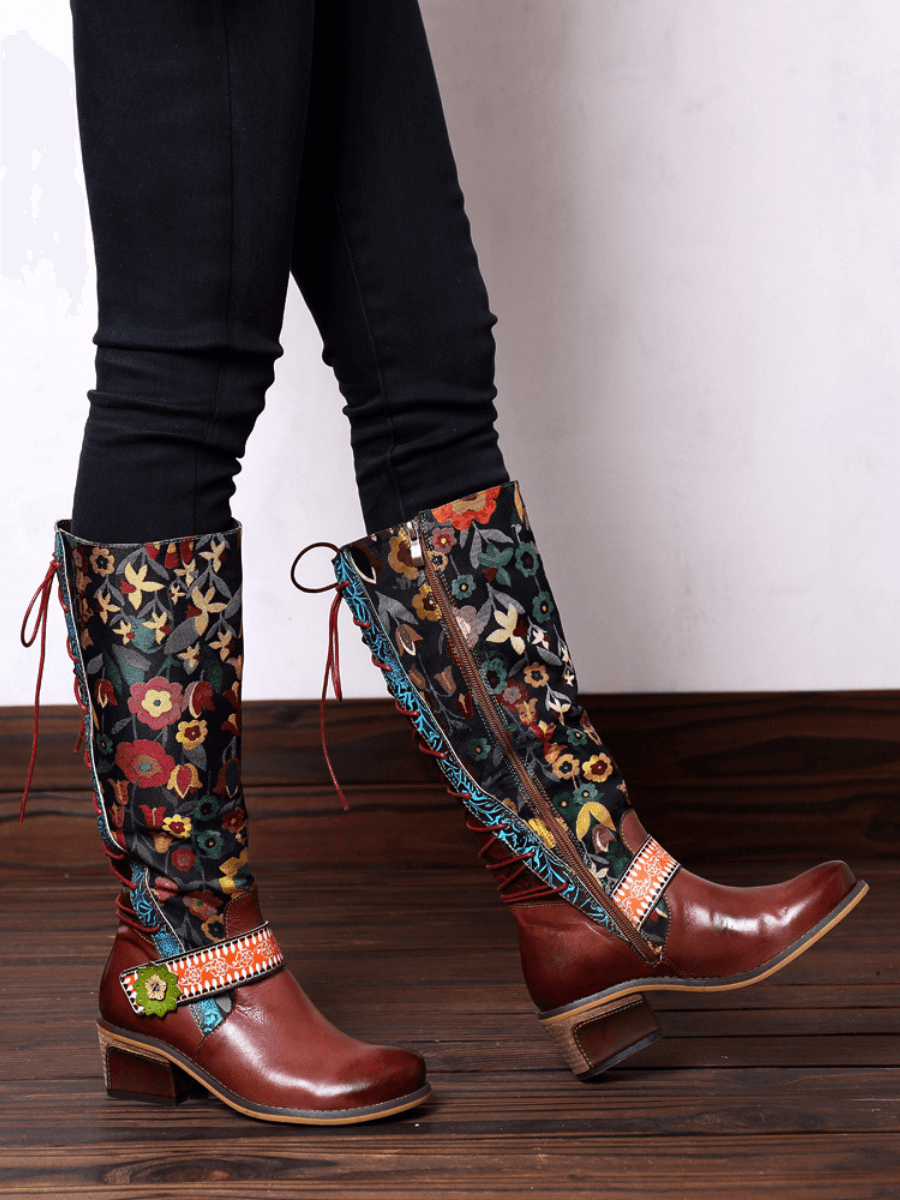 SOFFIA |  Floral Tie-Accent Knee-High Leather Boots