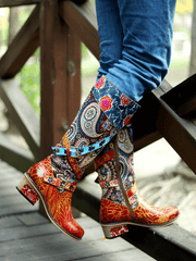 Soffia | Floral Tie-Accent Leather Vintage Knee High Boots