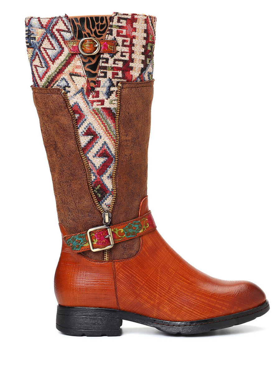 Soffia | Genuine Leather Geometry Printed Tie-Accent Boho Knee High Boots