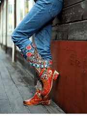 Soffia | Floral Tie-Accent Leather Vintage Knee High Boots