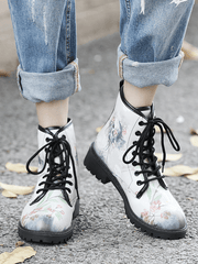 En Bloom | Skull-Floral Ankle Flat Combat Boots - White