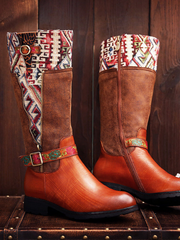 Soffia | Genuine Leather Geometry Printed Tie-Accent Boho Knee High Boots