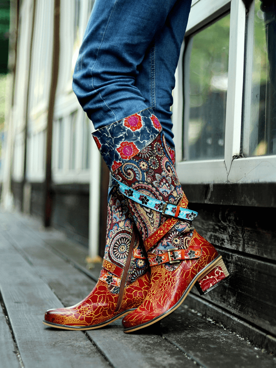 Soffia | Floral Tie-Accent Leather Vintage Knee High Boots