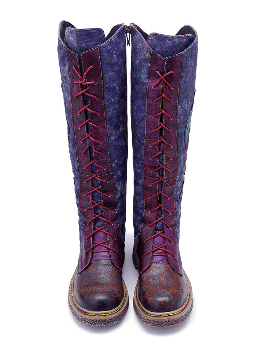 SOFFIA | Genuine Leather Galaxy Printed Tie-Accent Boho Knee High Boots