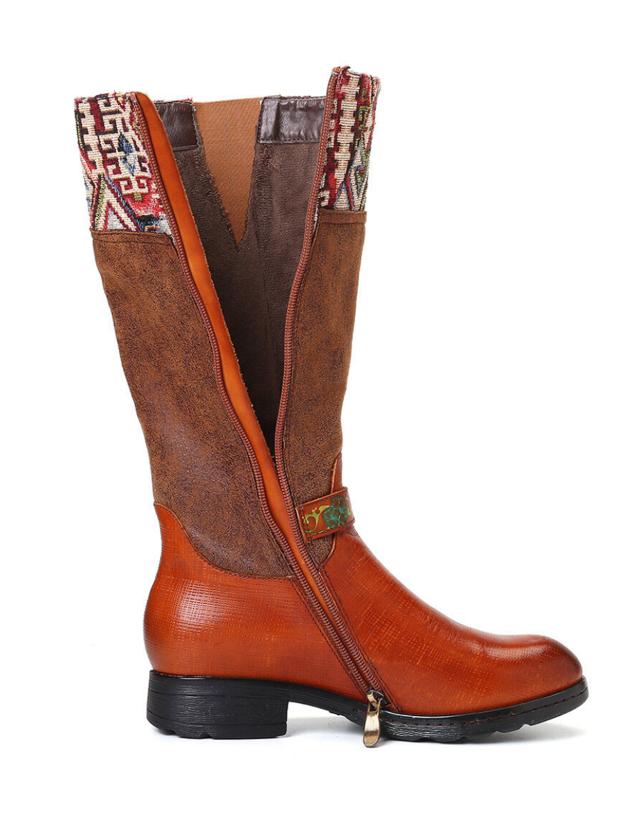 Soffia | Genuine Leather Geometry Printed Tie-Accent Boho Knee High Boots