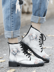 En Bloom | Skull-Floral Ankle Flat Combat Boots - White