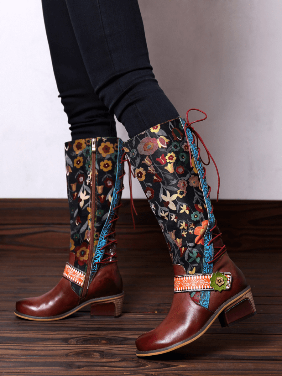 SOFFIA |  Floral Tie-Accent Knee-High Leather Boots