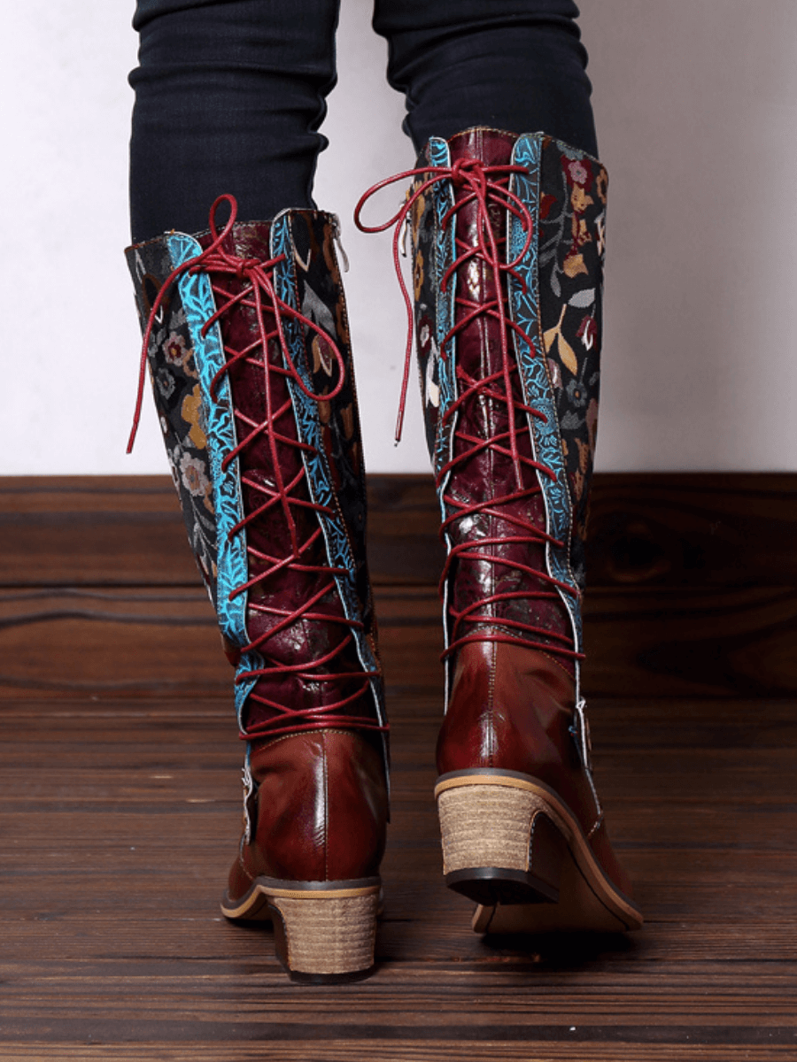 SOFFIA |  Floral Tie-Accent Knee-High Leather Boots