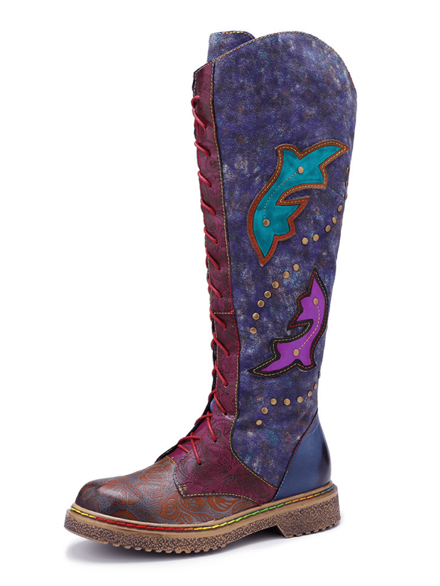 SOFFIA | Genuine Leather Galaxy Printed Tie-Accent Boho Knee High Boots