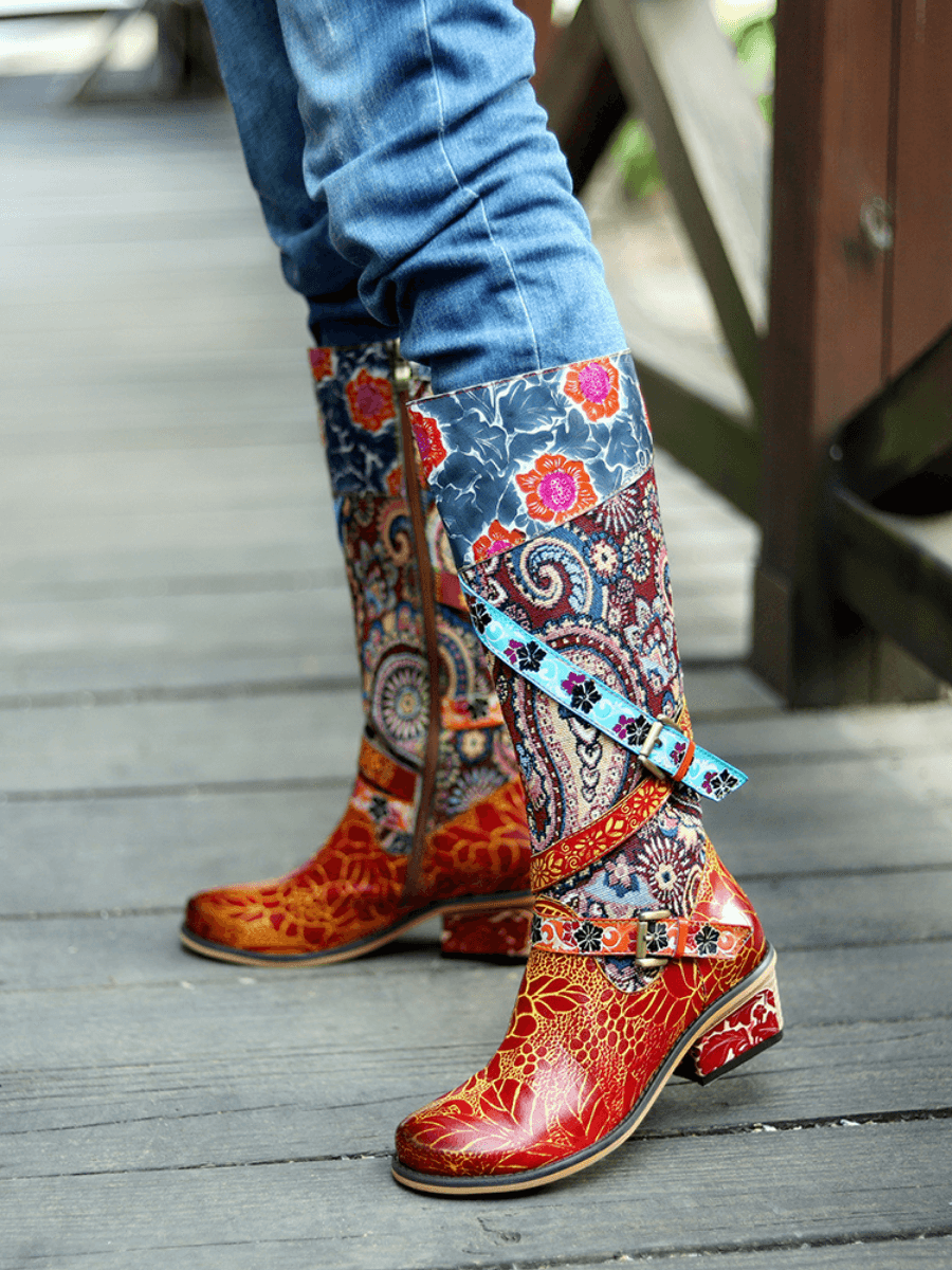 Soffia | Floral Tie-Accent Leather Vintage Knee High Boots