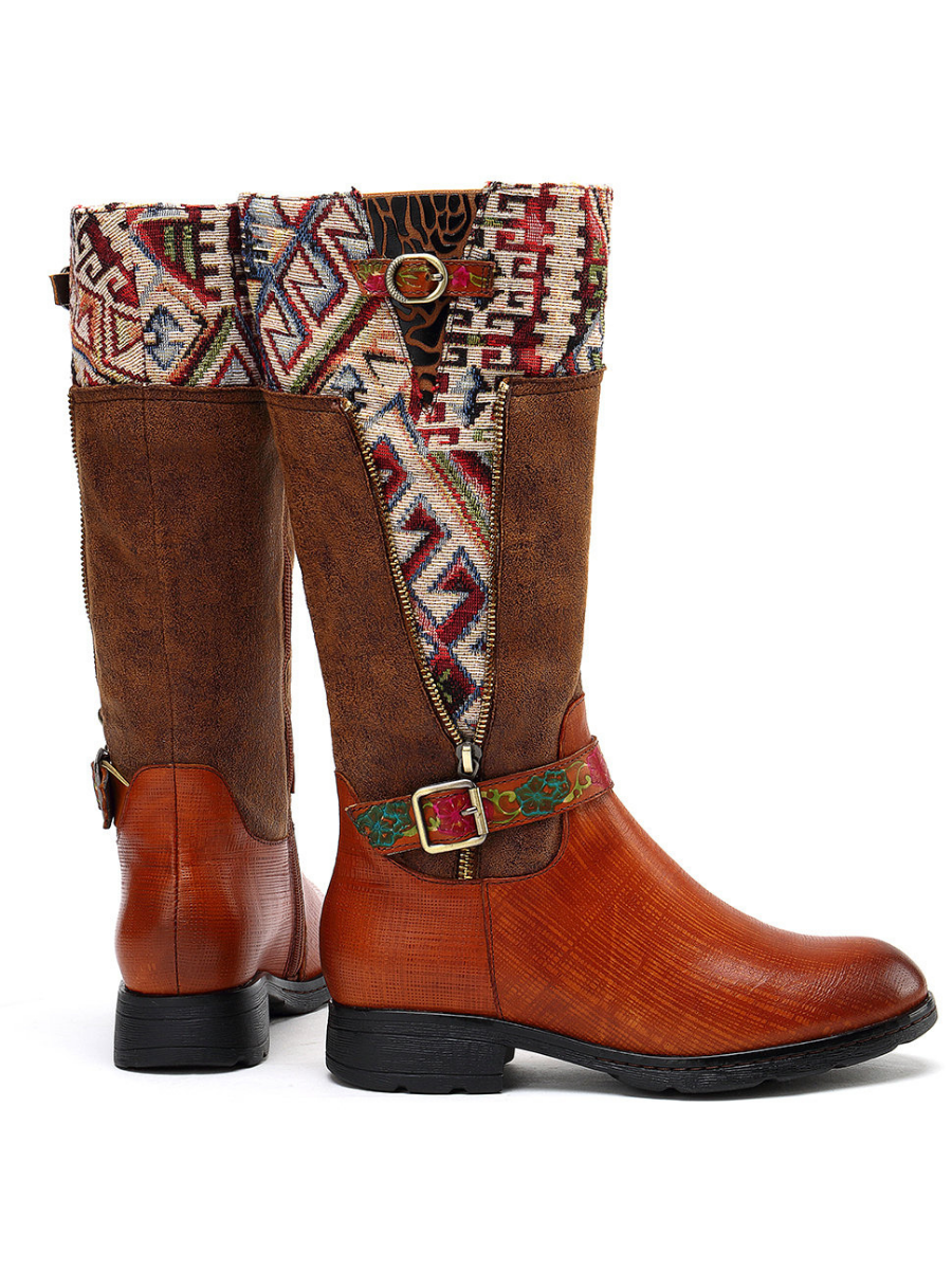 Soffia | Genuine Leather Geometry Printed Tie-Accent Boho Knee High Boots