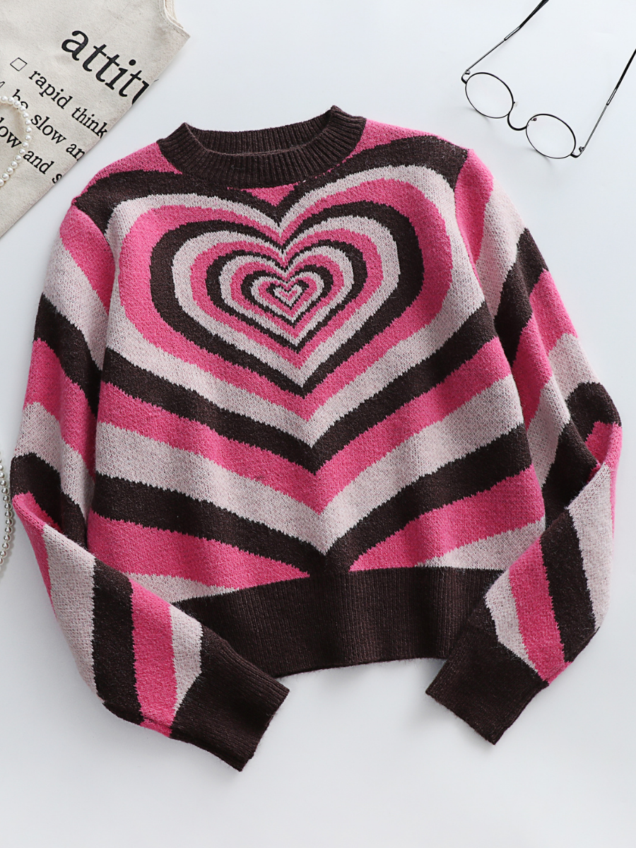 Smaibulun | Brown Pink Heart Ring Knit Top