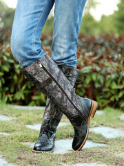 Soffia | Genuine Leather Black Forest Tie-Accent Boho High Boots Knee Boots