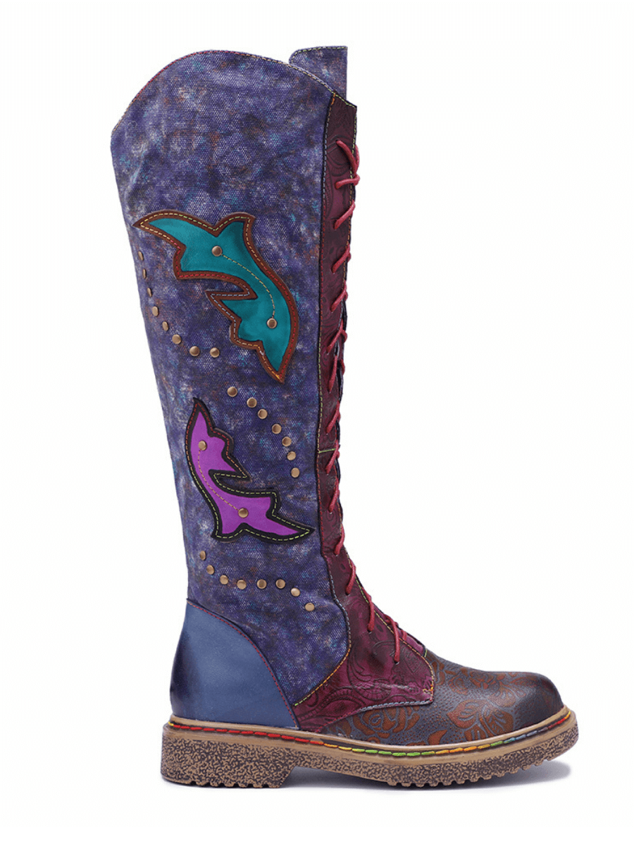 SOFFIA | Genuine Leather Galaxy Printed Tie-Accent Boho Knee High Boots