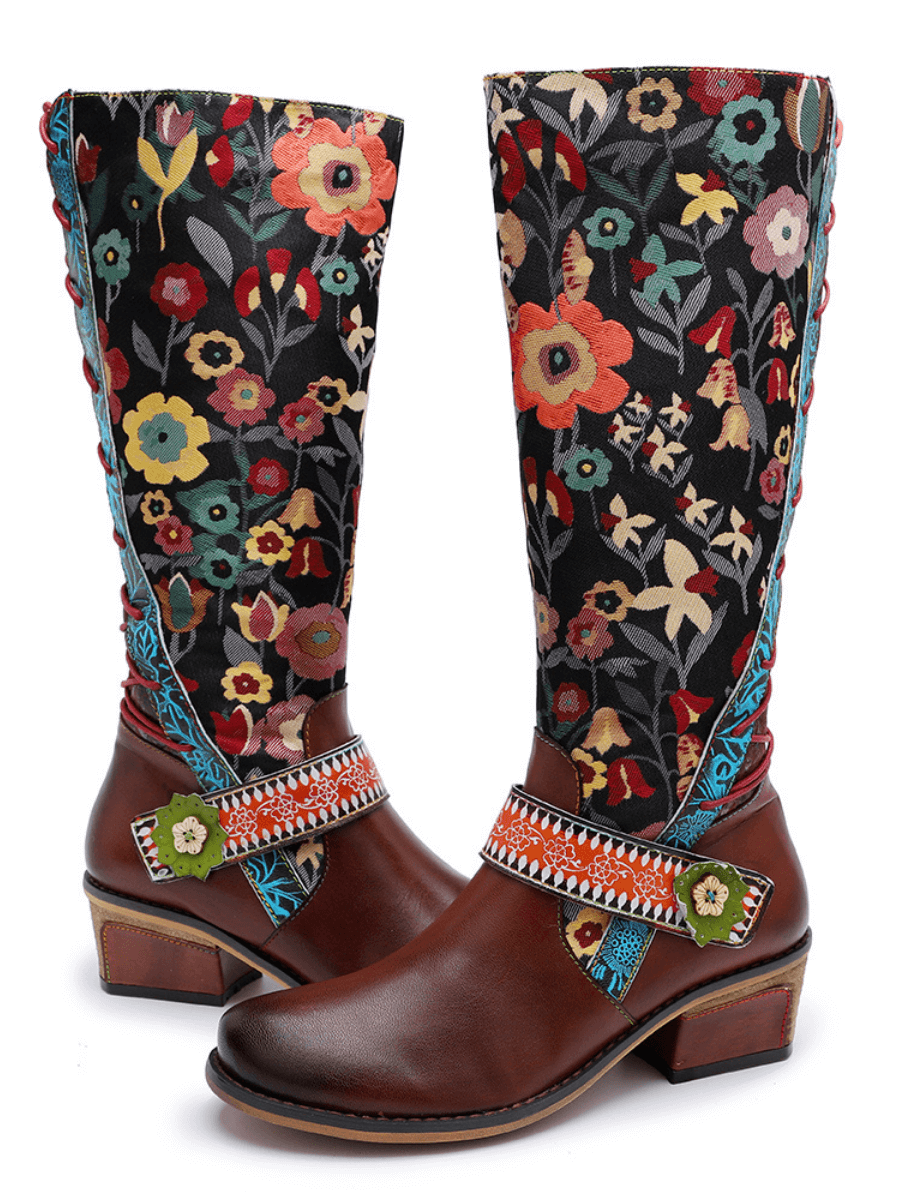 SOFFIA |  Floral Tie-Accent Knee-High Leather Boots