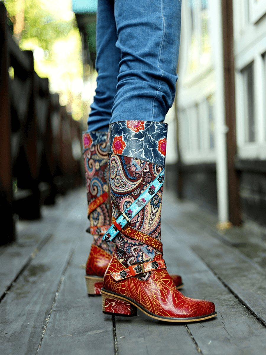 Soffia | Floral Tie-Accent Leather Vintage Knee High Boots