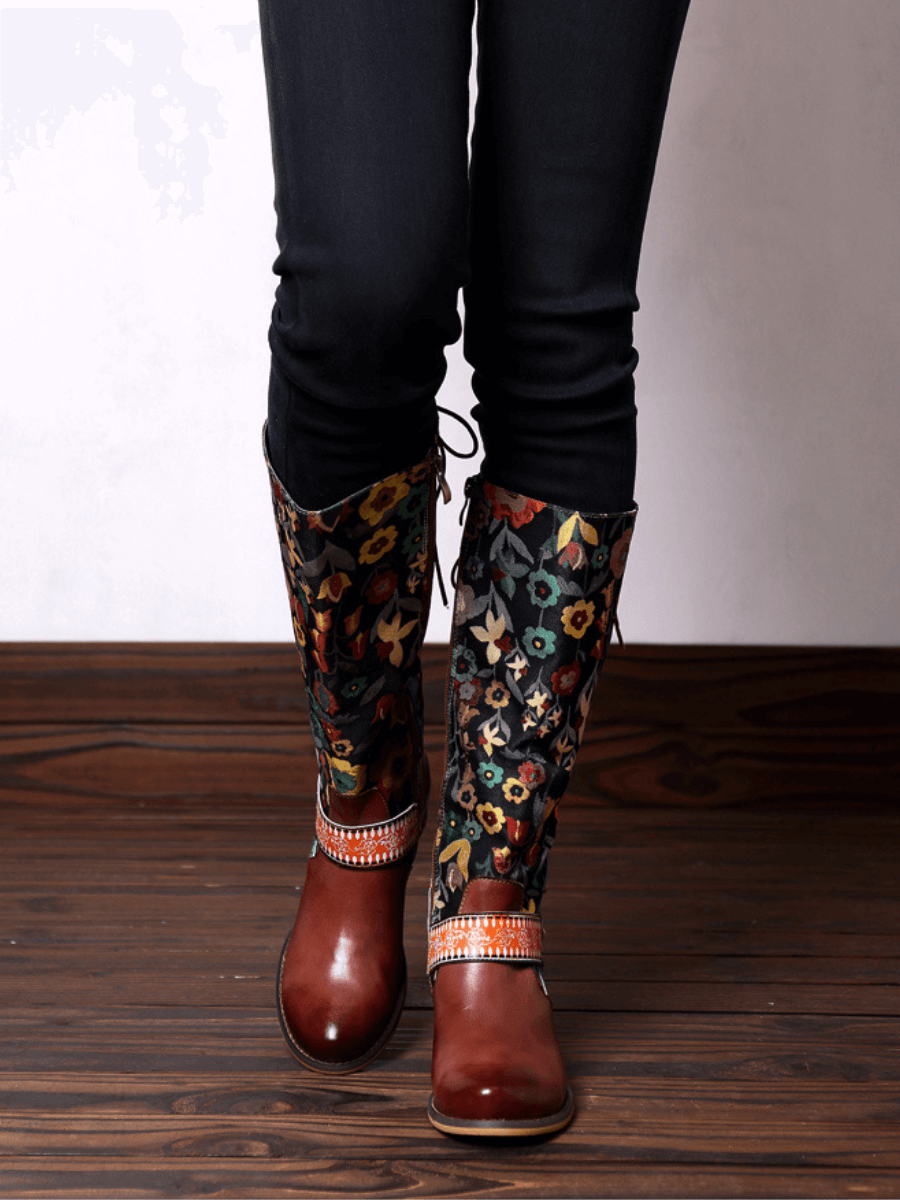 SOFFIA |  Floral Tie-Accent Knee-High Leather Boots