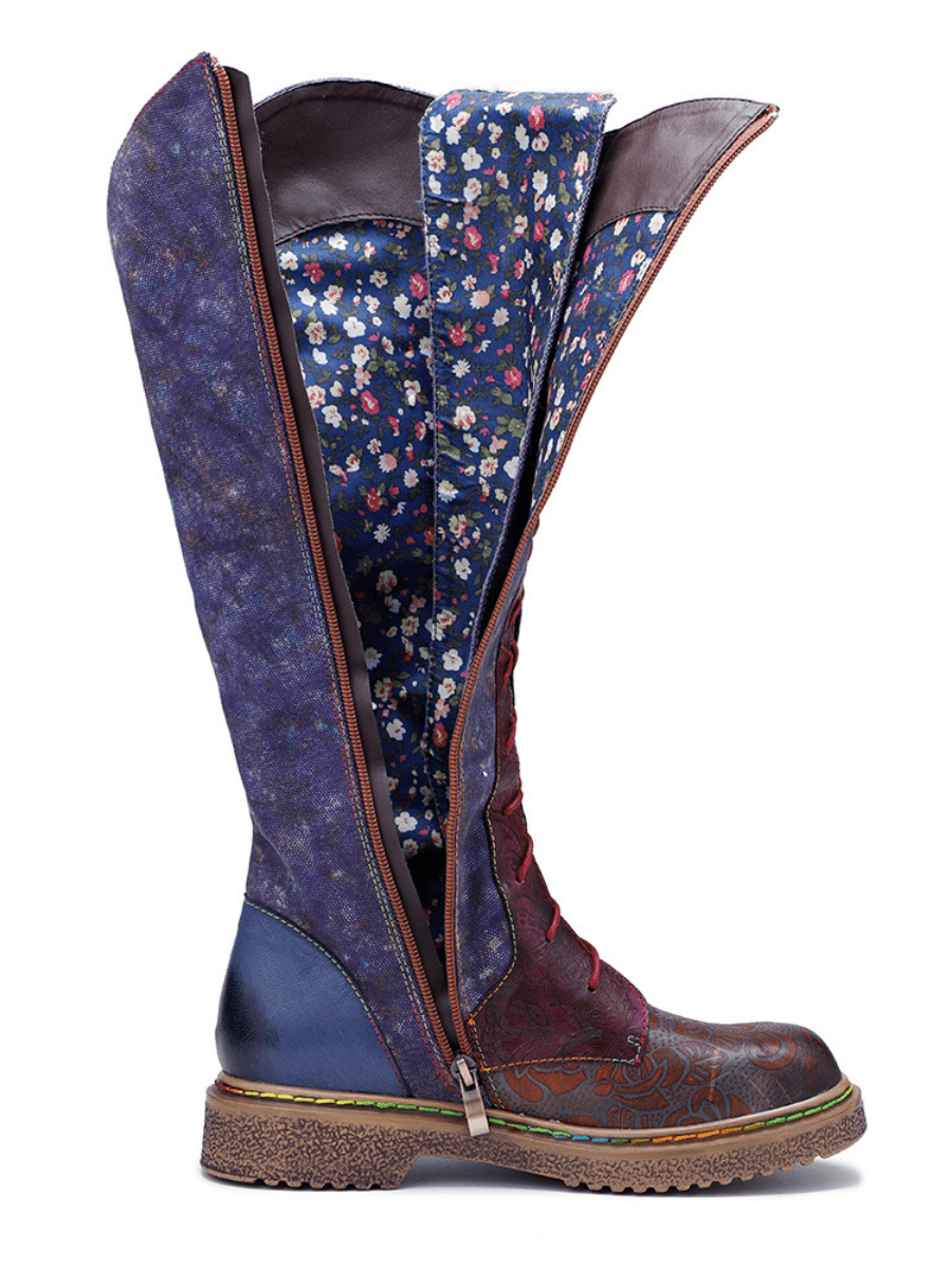 SOFFIA | Genuine Leather Galaxy Printed Tie-Accent Boho Knee High Boots