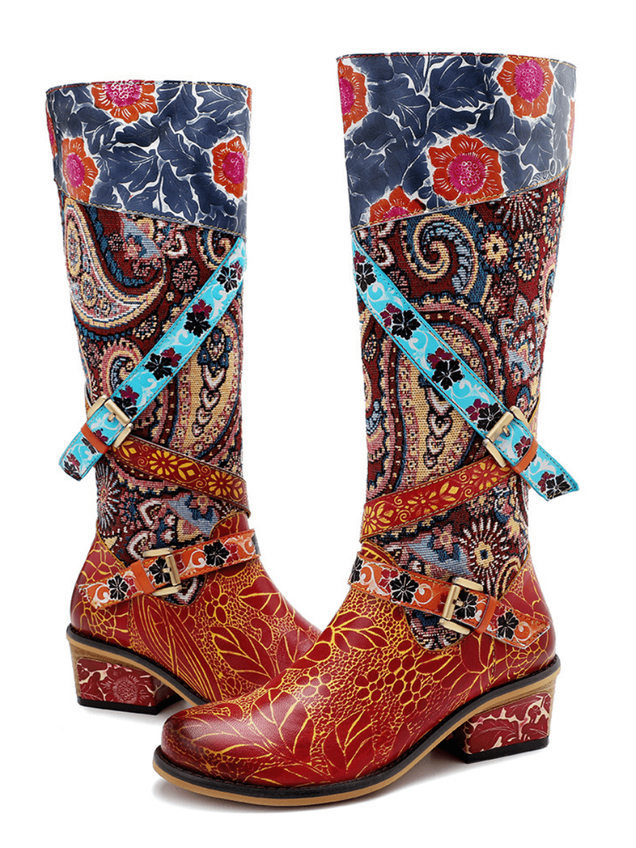 Soffia | Floral Tie-Accent Leather Vintage Knee High Boots