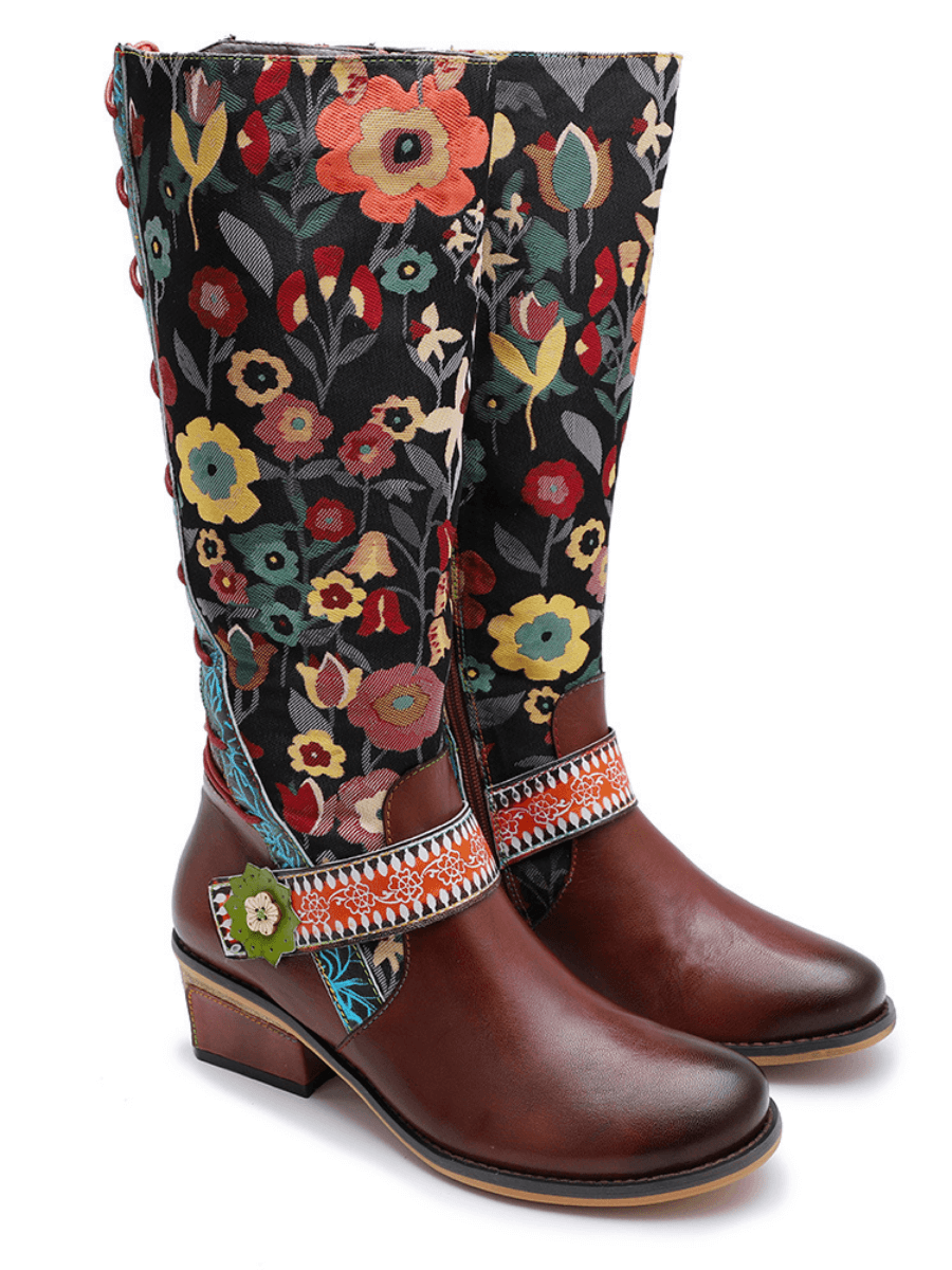 SOFFIA |  Floral Tie-Accent Knee-High Leather Boots