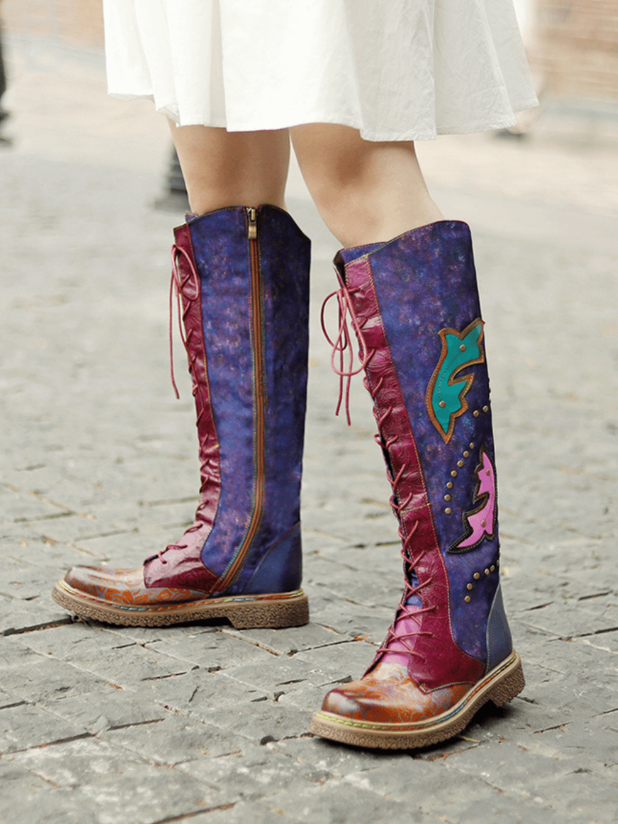 SOFFIA | Genuine Leather Galaxy Printed Tie-Accent Boho Knee High Boots