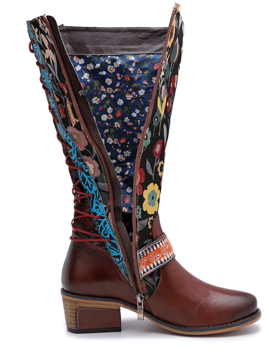 SOFFIA |  Floral Tie-Accent Knee-High Leather Boots