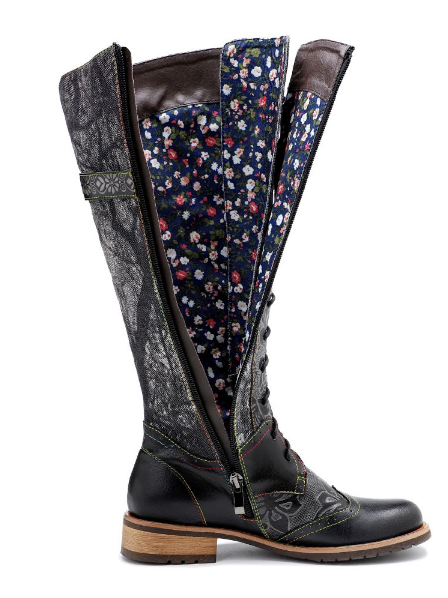 Soffia | Genuine Leather Black Forest Tie-Accent Boho High Boots Knee Boots