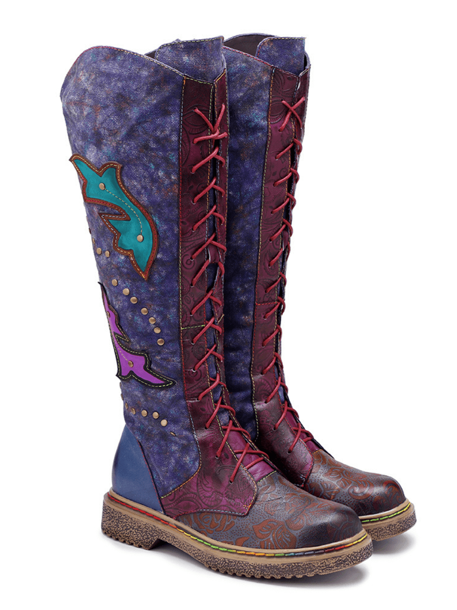 SOFFIA | Genuine Leather Galaxy Printed Tie-Accent Boho Knee High Boots