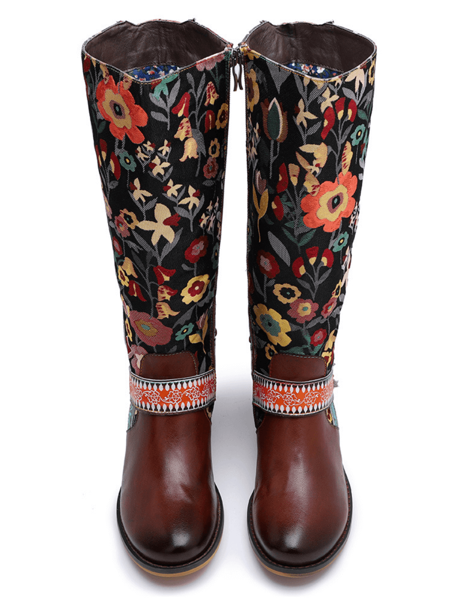 SOFFIA |  Floral Tie-Accent Knee-High Leather Boots