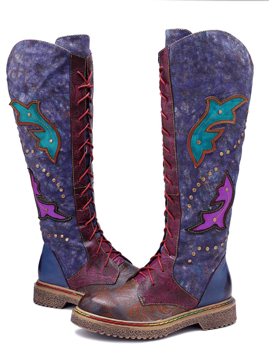 SOFFIA | Genuine Leather Galaxy Printed Tie-Accent Boho Knee High Boots