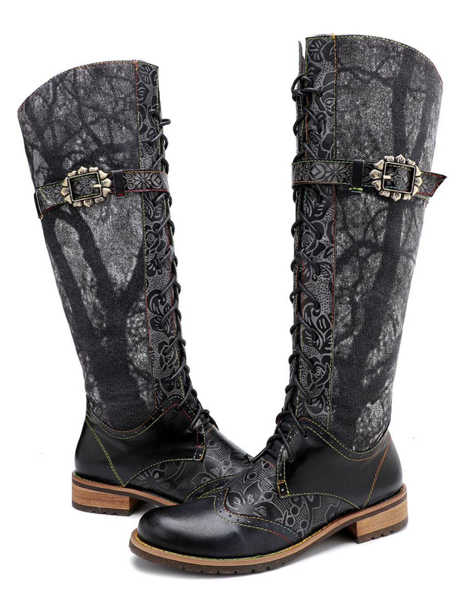 Soffia | Genuine Leather Black Forest Tie-Accent Boho High Boots Knee Boots